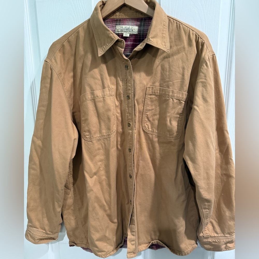 Cabela's Tan 100% Cotton Brown Flannel Lined Chore Work Shirt Lighteight Shaket